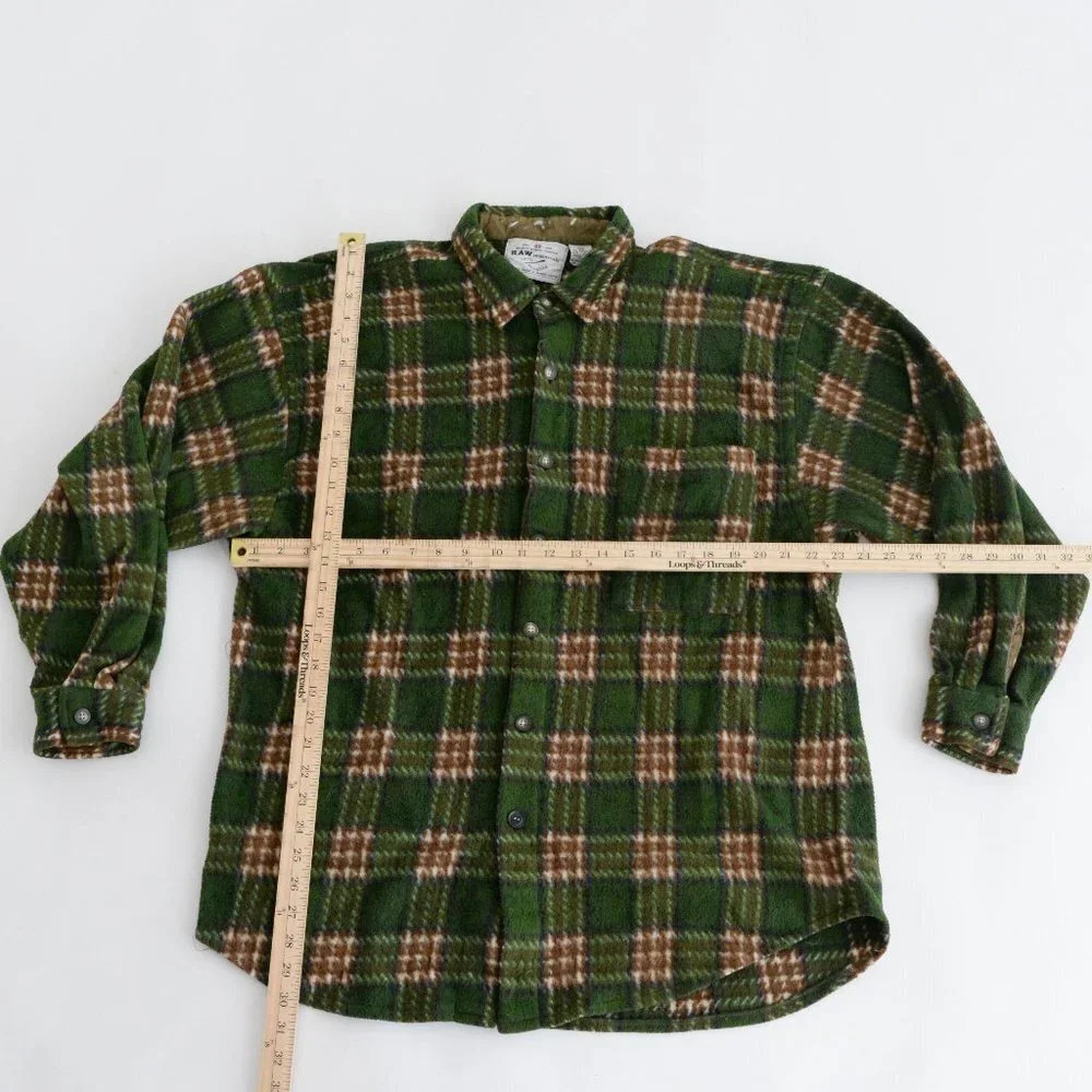 Vintage  90's Raw Materials Green & Brown Checker Print Fleece Button Up Shacket